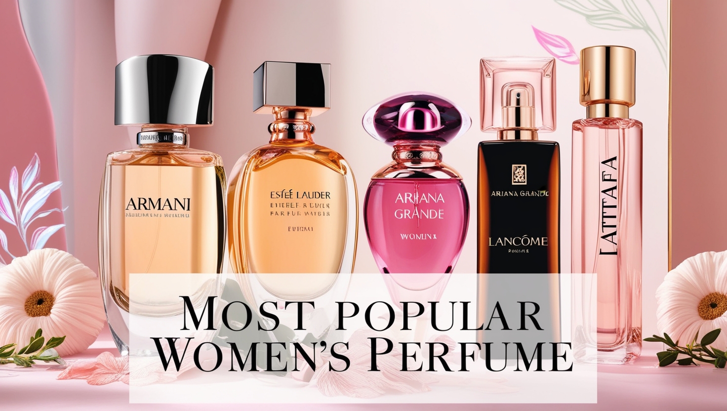 Five luxurious women's perfume bottles from Armani, Estée Lauder, Ariana Grande, Lancôme, and Lattafa arranged on a soft pastel background with floral accents, showcasing the most popular women's perfumes.